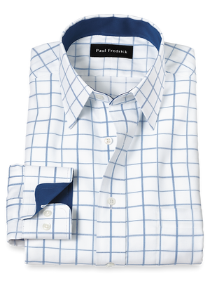 Non-Iron Cotton Windowpane Dress Shirt With Contrast Trim - White/blue