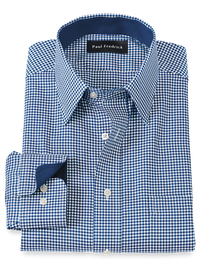 Non-Iron Cotton Gingham Dress Shirt With Contrast Trim - Navy