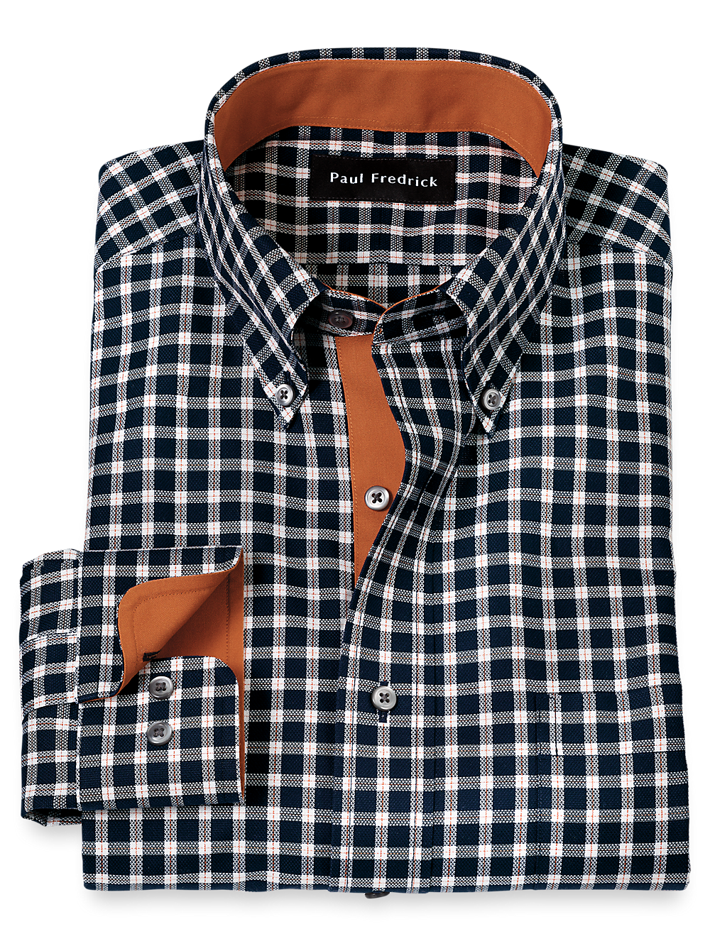 Product Image of Non-iron Cotton Check Dress Shirt With Contrast Trim-Black/Rust