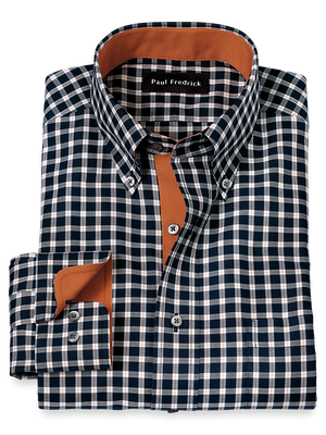 Non-Iron Cotton Check Dress Shirt With Contrast Trim - Black/rust