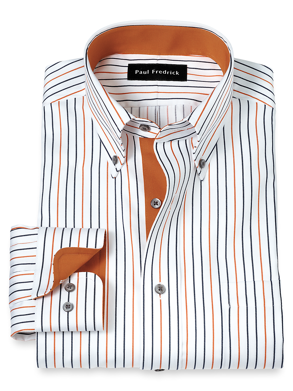 Product Image of Non-iron Cotton Stripe Dress Shirt With Contrast Trim-White/Rust