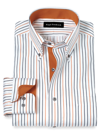 Non-Iron Cotton Stripe Dress Shirt With Contrast Trim - White/rust