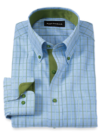 Non-Iron Cotton Windowpane Dress Shirt With Contrast Trim - Blue