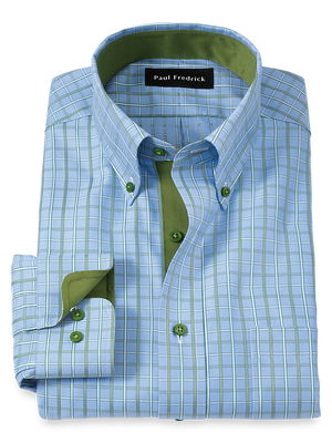 Non-Iron Cotton Windowpane Dress Shirt With Contrast Trim - Blue