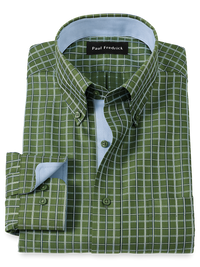 Non-Iron Cotton Windowpane Dress Shirt With Contrast Trim - Green