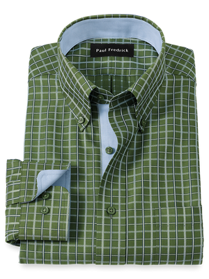 Non-Iron Cotton Windowpane Dress Shirt With Contrast Trim - Green