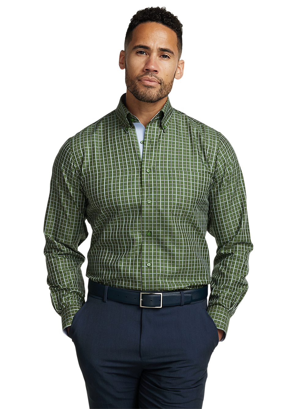 Alternate Image of Non-iron Cotton Windowpane Dress Shirt With Contrast Trim-1