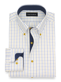 Non-Iron Cotton Check Dress Shirt With Contrast Trim - Navy/gold