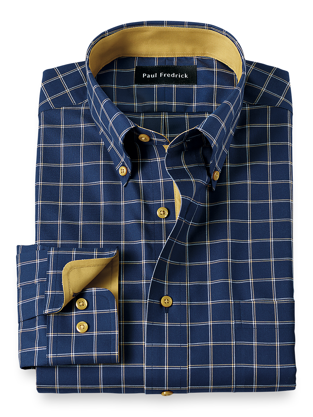 Product Image of Non-iron Cotton Check Dress Shirt With Contrast Trim-Navy/Gold