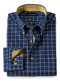 Non-Iron Cotton Check Dress Shirt With Contrast Trim - Navy/gold