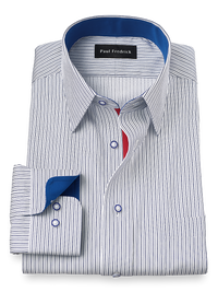 Non-Iron Cotton Stripe Dress Shirt With Contrast Trim - Cobalt