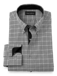 Non-Iron Cotton Glen Plaid Dress Shirt With Contrast Trim - Black/white