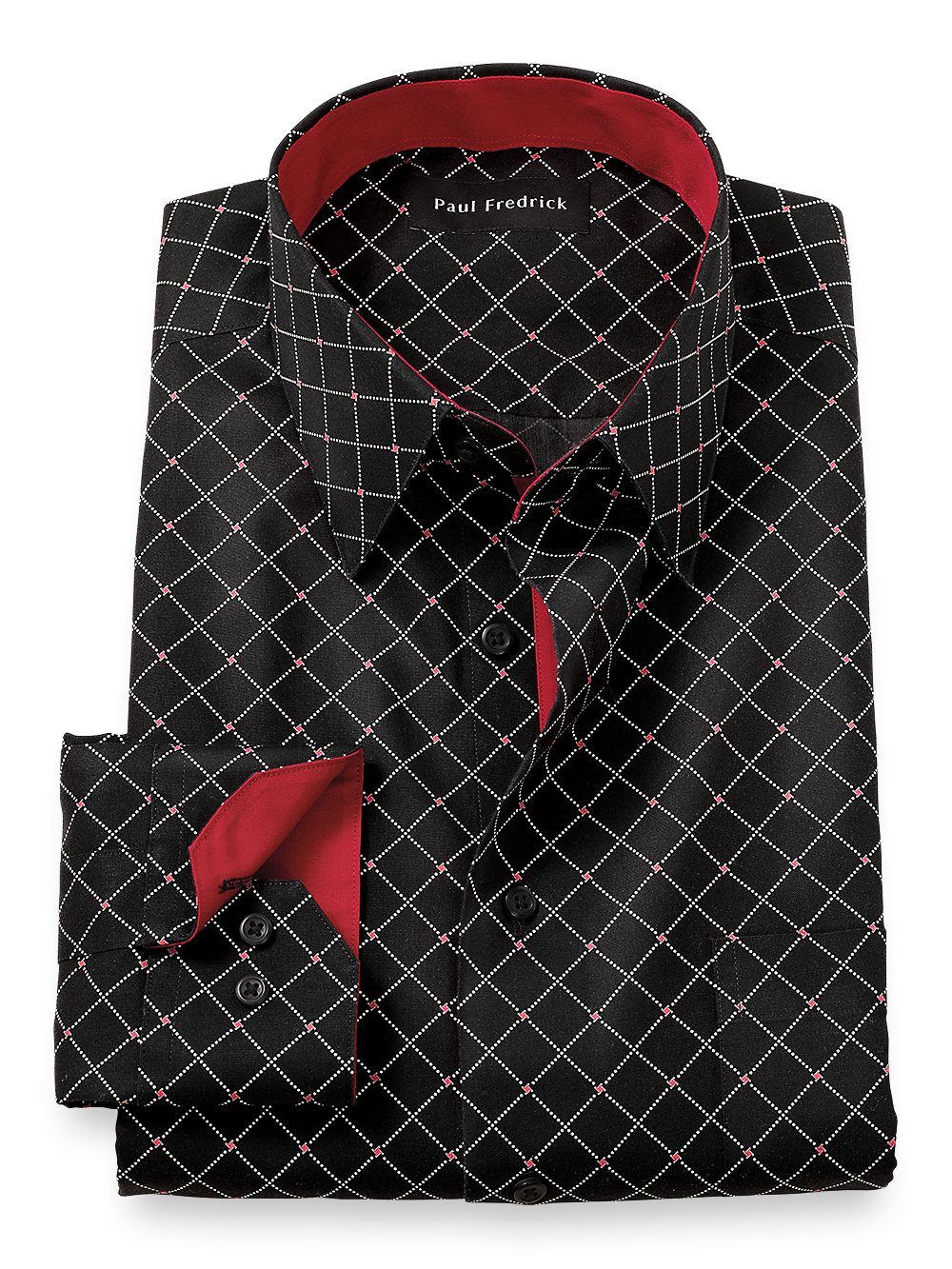 Product Image of Non-iron Cotton Diamond Dress Shirt With Contrast Trim-Black/Red