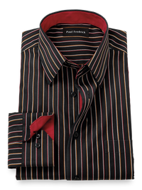 Non-Iron Cotton Stripe Dress Shirt With Contrast Trim - Black/red