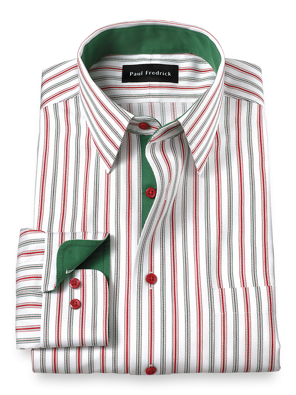 Product Image of Non-iron Cotton Stripe Dress Shirt With Contrast Trim-Red/Green