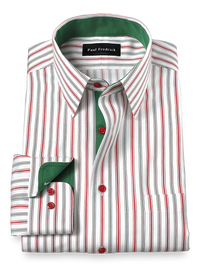 Non-Iron Cotton Stripe Dress Shirt With Contrast Trim - Red/green