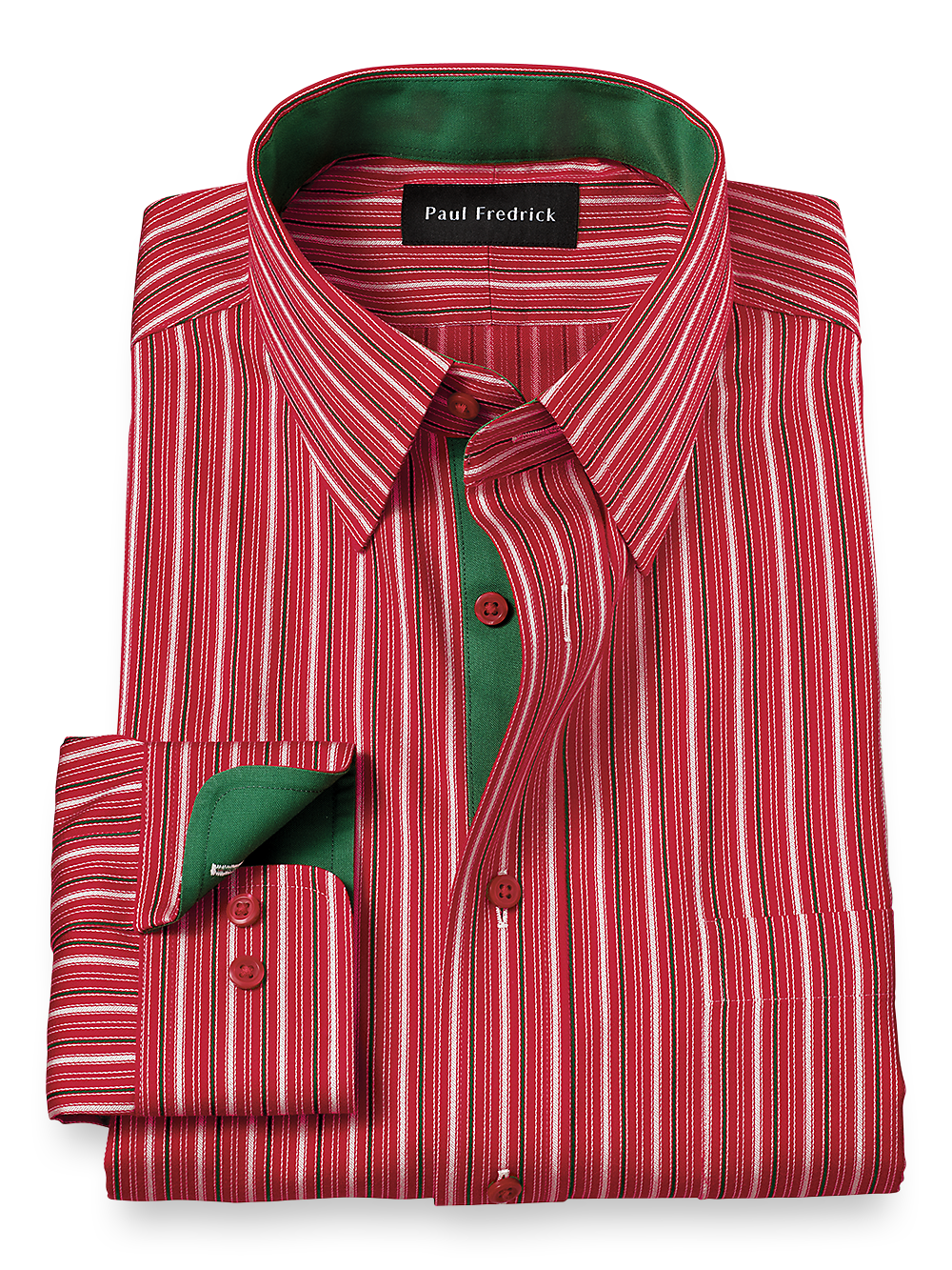 Product Image of Non-iron Cotton Stripe Dress Shirt With Contrast Trim-Red/Green