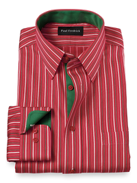 Non-Iron Cotton Stripe Dress Shirt With Contrast Trim - Red/green