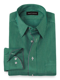 Non-Iron Cotton Stripe Dress Shirt With Contrast Trim - Green