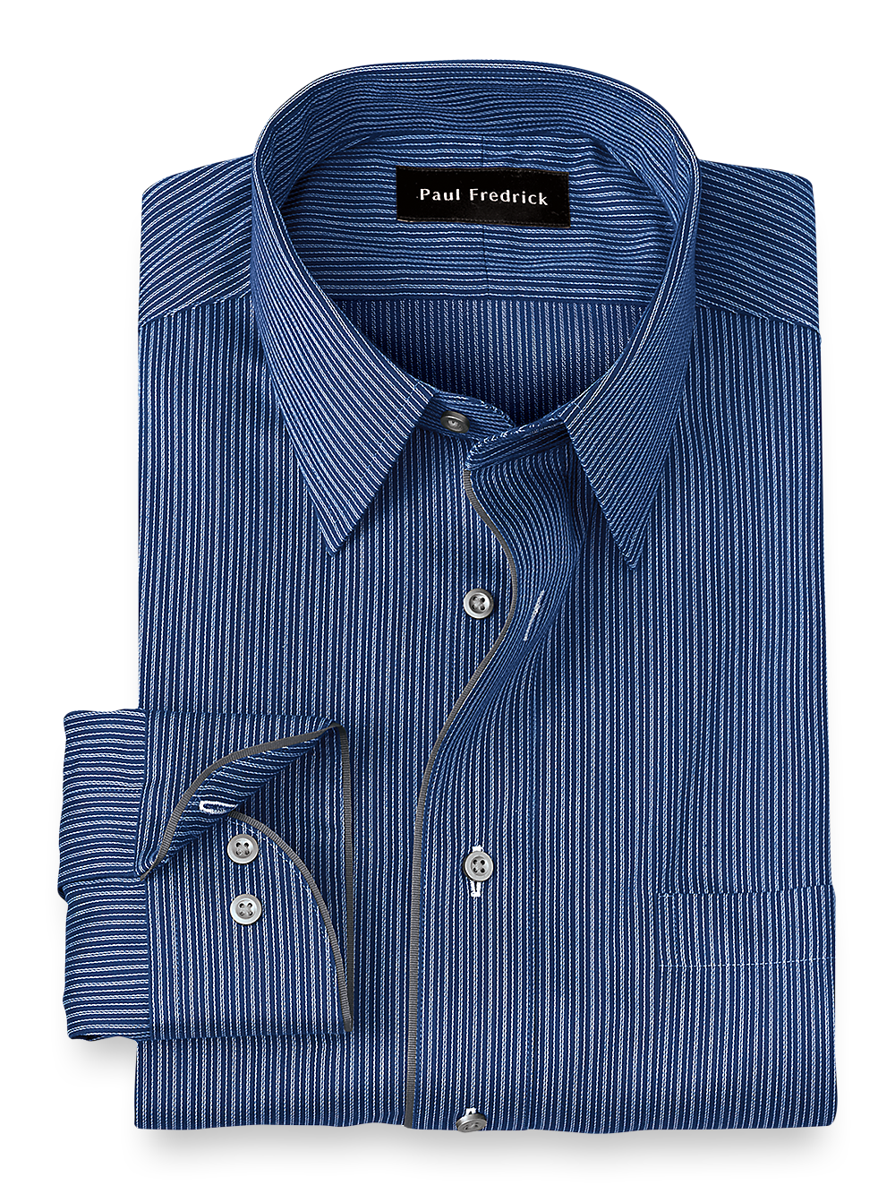 Product Image of Non-iron Cotton Stripe Dress Shirt With Contrast Trim-Navy