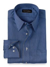 Non-Iron Cotton Stripe Dress Shirt With Contrast Trim - Navy