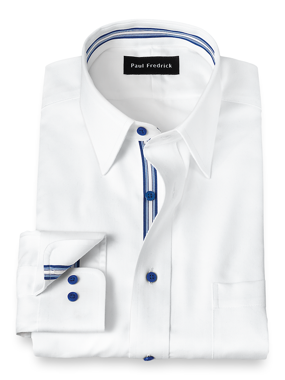 Product Image of Non-iron Cotton Solid Dress Shirt With Contrast Trim-White/Cobalt