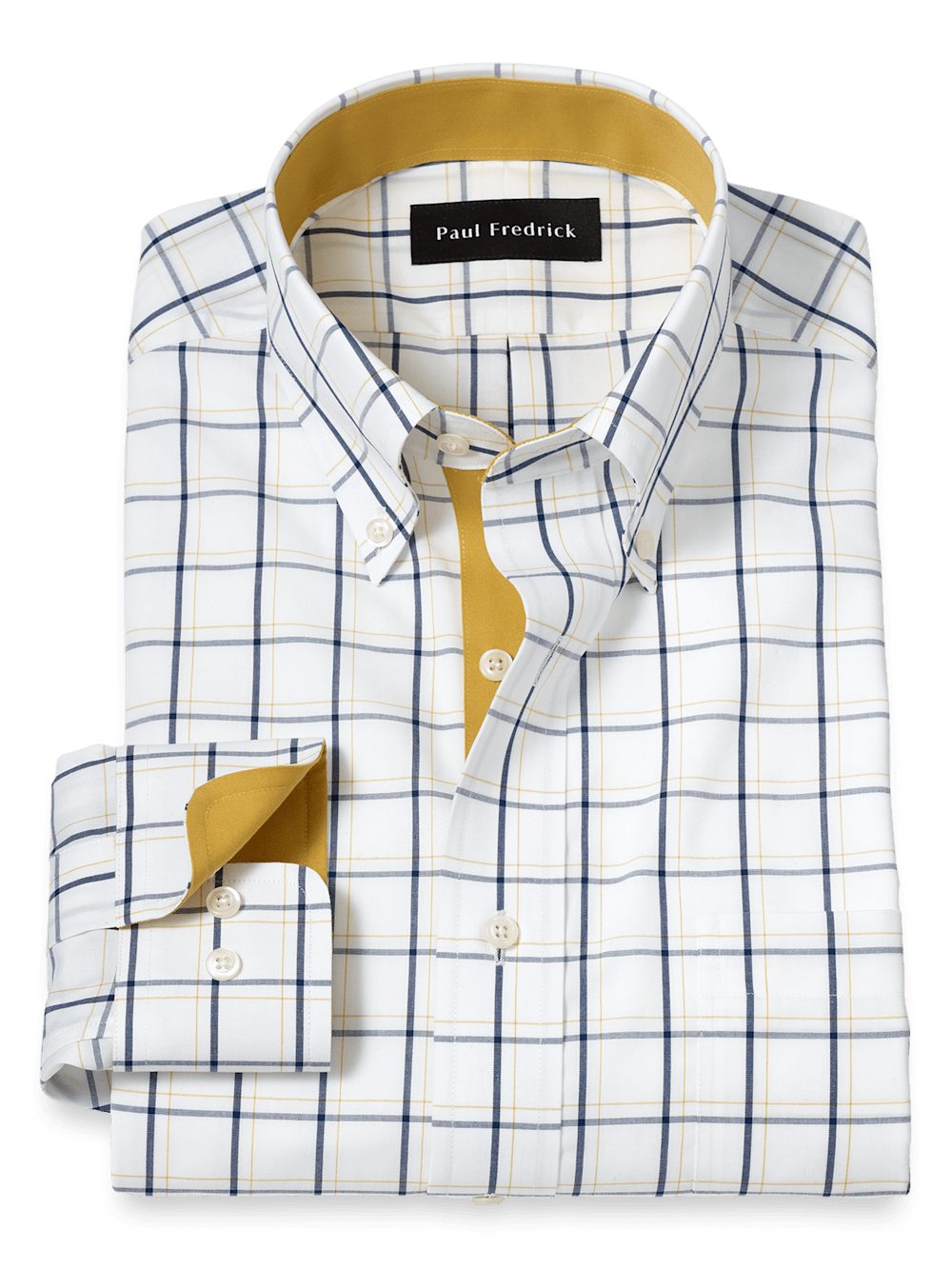 Product Image of Non-iron Cotton Windowpane Dress Shirt With Contrast Trim-Navy/Gold