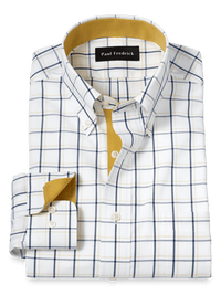 Non-Iron Cotton Windowpane Dress Shirt With Contrast Trim - Navy/gold