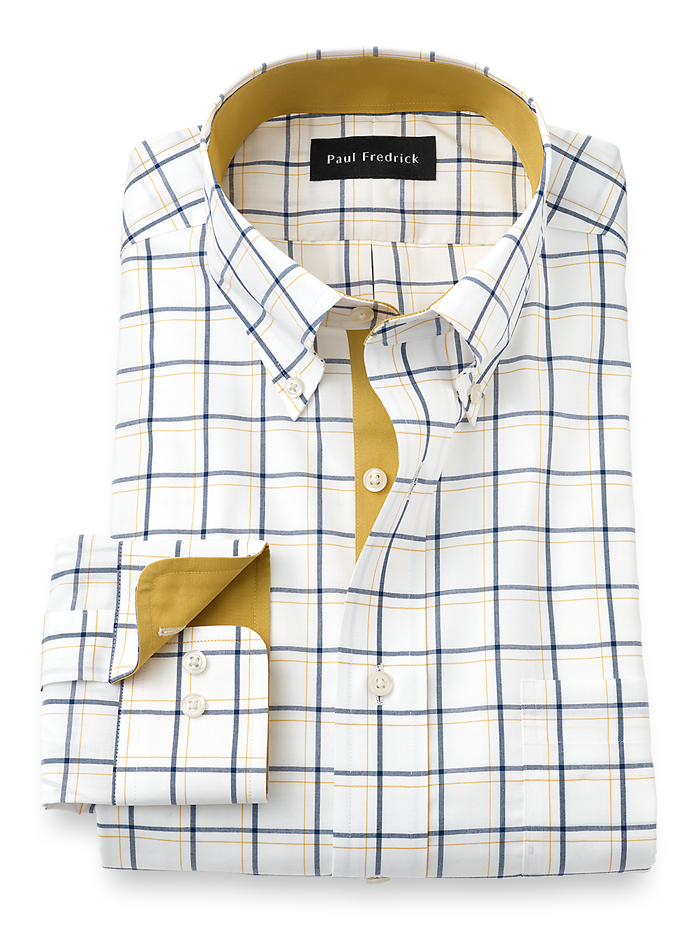 Product Image of Non-iron Cotton Windowpane Dress Shirt With Contrast Trim-Navy/Gold