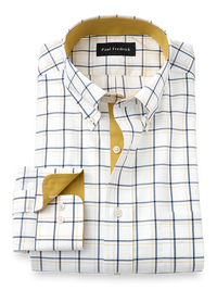 Non-Iron Cotton Windowpane Dress Shirt With Contrast Trim - Navy/gold