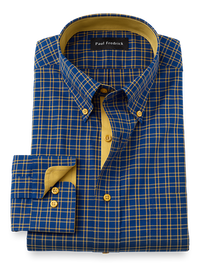 Non-Iron Cotton Check Dress Shirt With Contrast Trim - Navy/gold