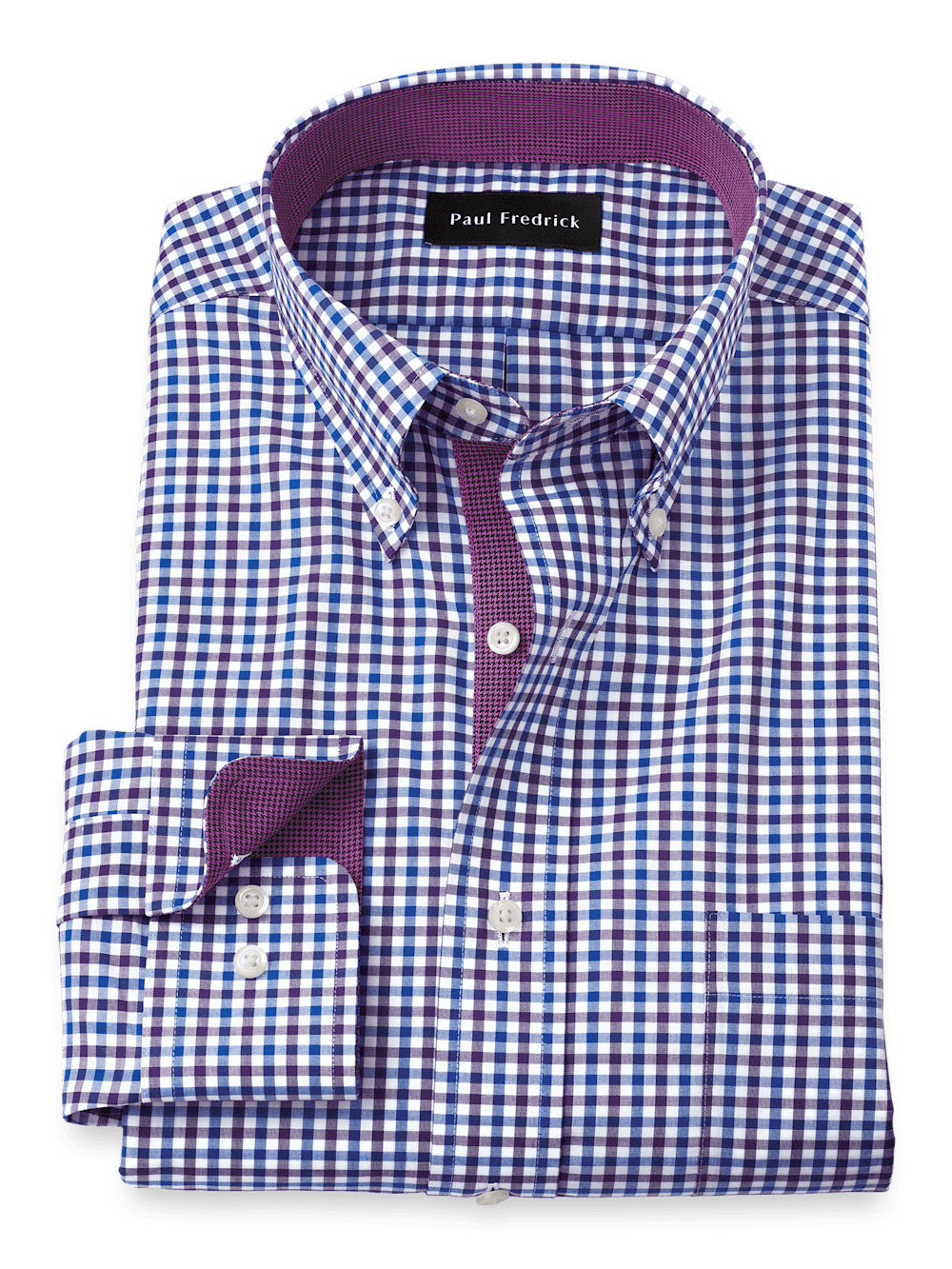 Product Image of Non-iron Cotton Gingham Dress Shirt With Contrast Trim-Blue/Purple