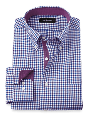 Non-Iron Cotton Gingham Dress Shirt With Contrast Trim - Blue/purple