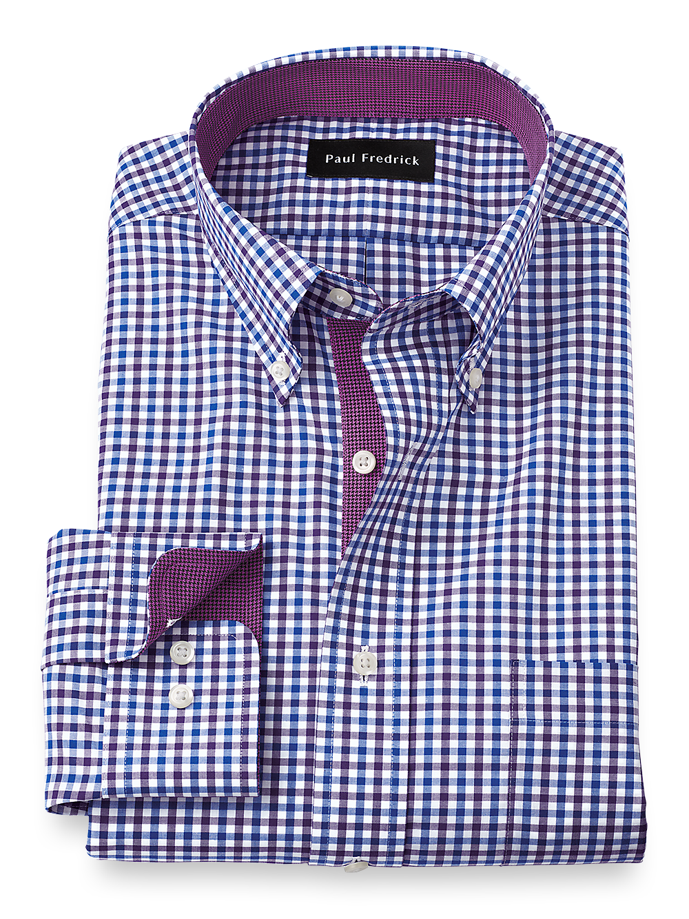 Product Image of Non-iron Cotton Gingham Dress Shirt With Contrast Trim-Blue/Purple