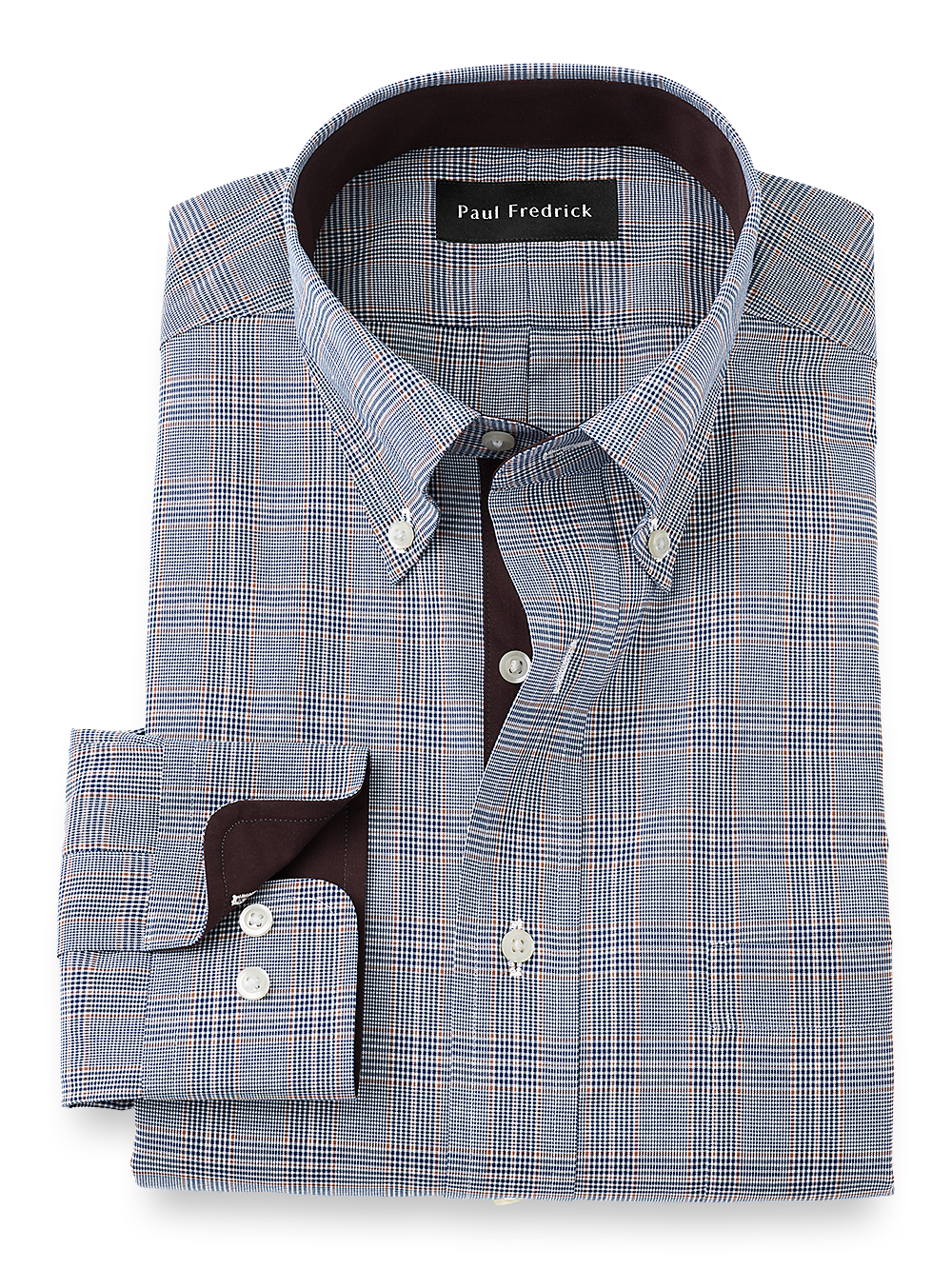 Product Image of Non-iron Cotton Glen Plaid Dress Shirt With Contrast Trim-Blue/Brown