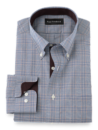 Non-Iron Cotton Glen Plaid Dress Shirt With Contrast Trim - Blue/brown