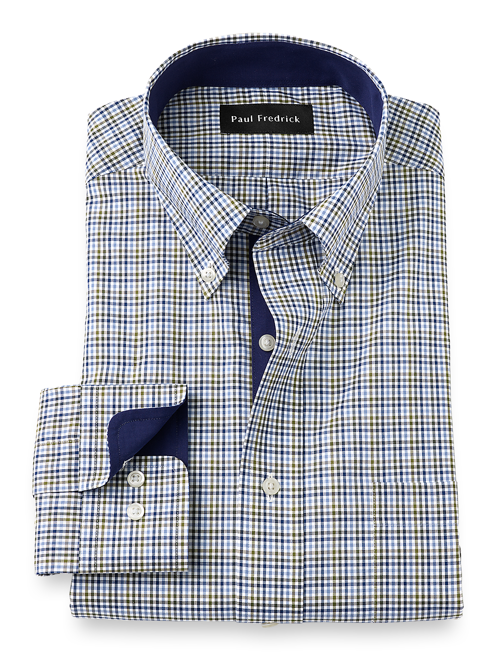 Product Image of Non-iron Cotton Tattersall Dress Shirt With Contrast Trim-Navy/Green