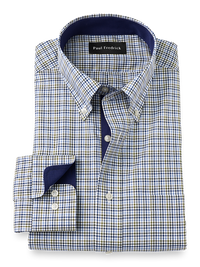 Non-Iron Cotton Tattersall Dress Shirt With Contrast Trim - Navy/green