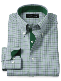 Non-Iron Cotton Plaid Dress Shirt With Contrast Trim - Navy/green