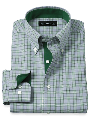 Non-Iron Cotton Plaid Dress Shirt With Contrast Trim - Navy/green