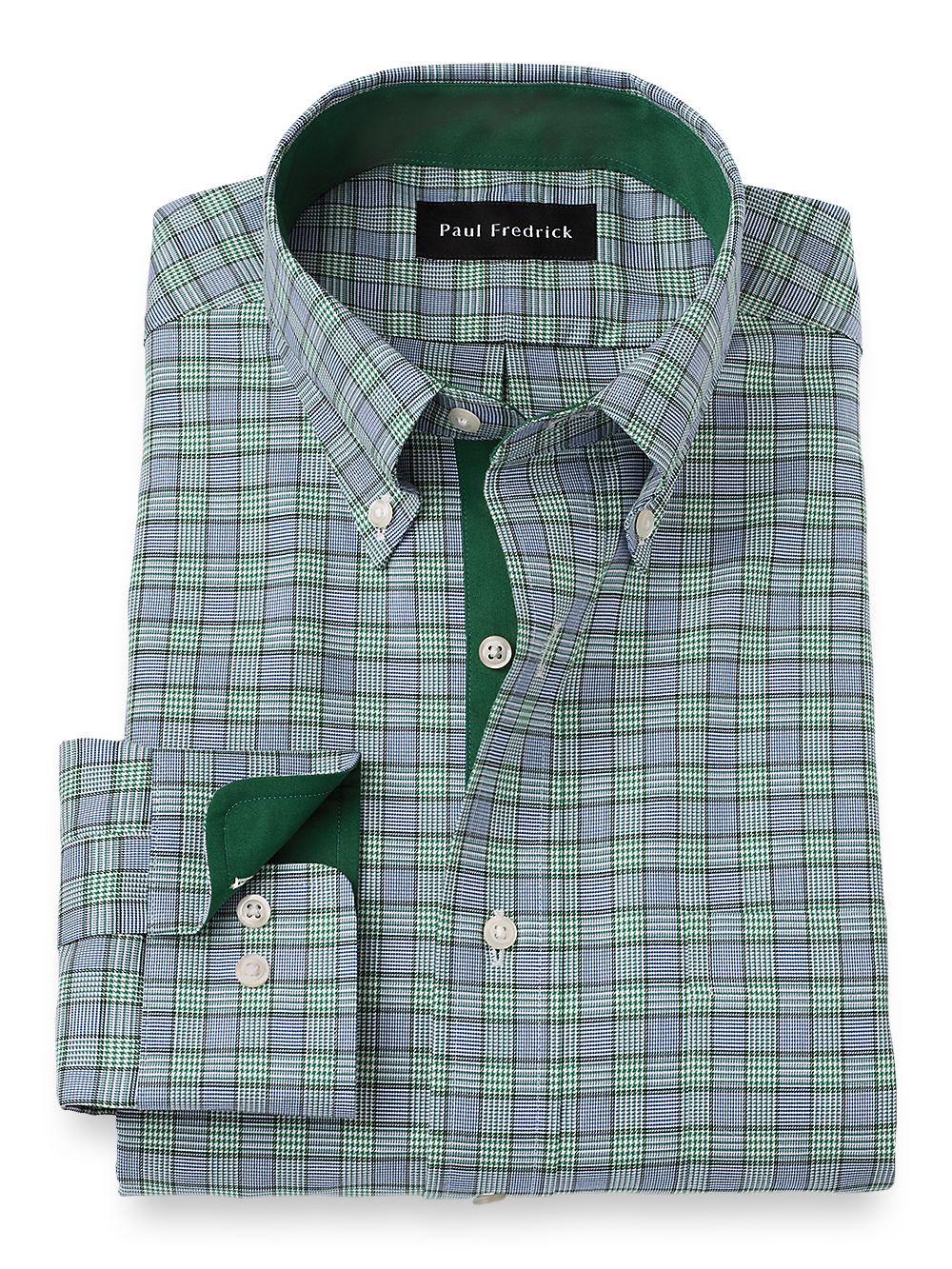 Product Image of Non-iron Cotton Plaid Dress Shirt With Contrast Trim-Navy/Green