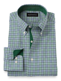 Non-Iron Cotton Plaid Dress Shirt With Contrast Trim - Navy/green