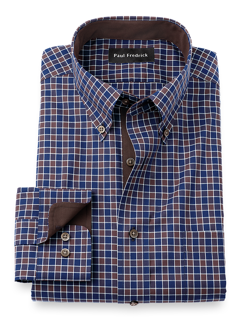 Product Image of Non-iron Cotton Check Dress Shirt With Contrast Trim-Navy/Brown