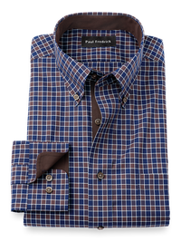 Non-Iron Cotton Check Dress Shirt With Contrast Trim - Navy/brown