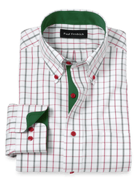 Non-Iron Cotton Windowpane Dress Shirt With Contrast Trim - Green