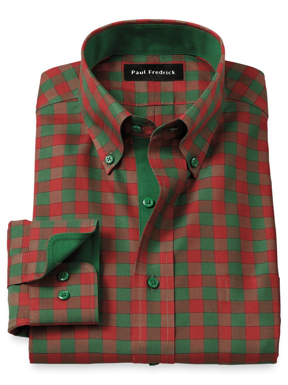 Product Image of Non-iron Cotton Gingham Dress Shirt With Contrast Trim-Green/Rust