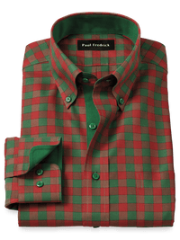 Non-Iron Cotton Gingham Dress Shirt With Contrast Trim - Green/rust