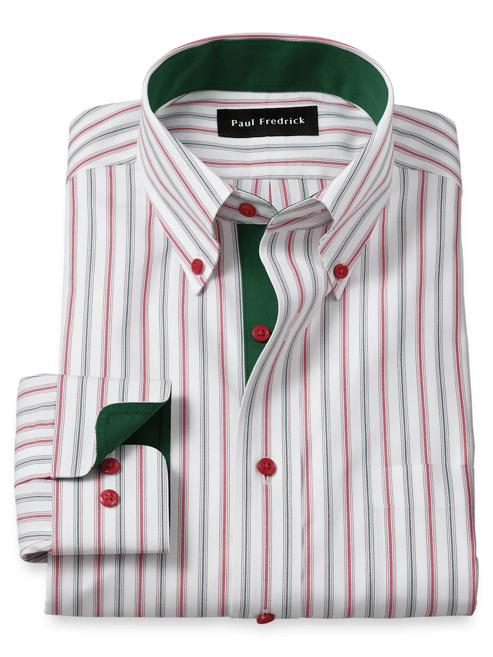 Product Image of Non-iron Cotton Stripe Dress Shirt With Contrast Trim-Red/Green