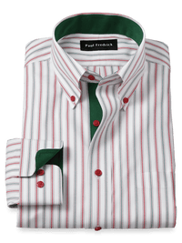 Non-Iron Cotton Stripe Dress Shirt With Contrast Trim - Red/green