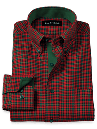 Non-Iron Cotton Plaid Dress Shirt With Contrast Trim - Red/green